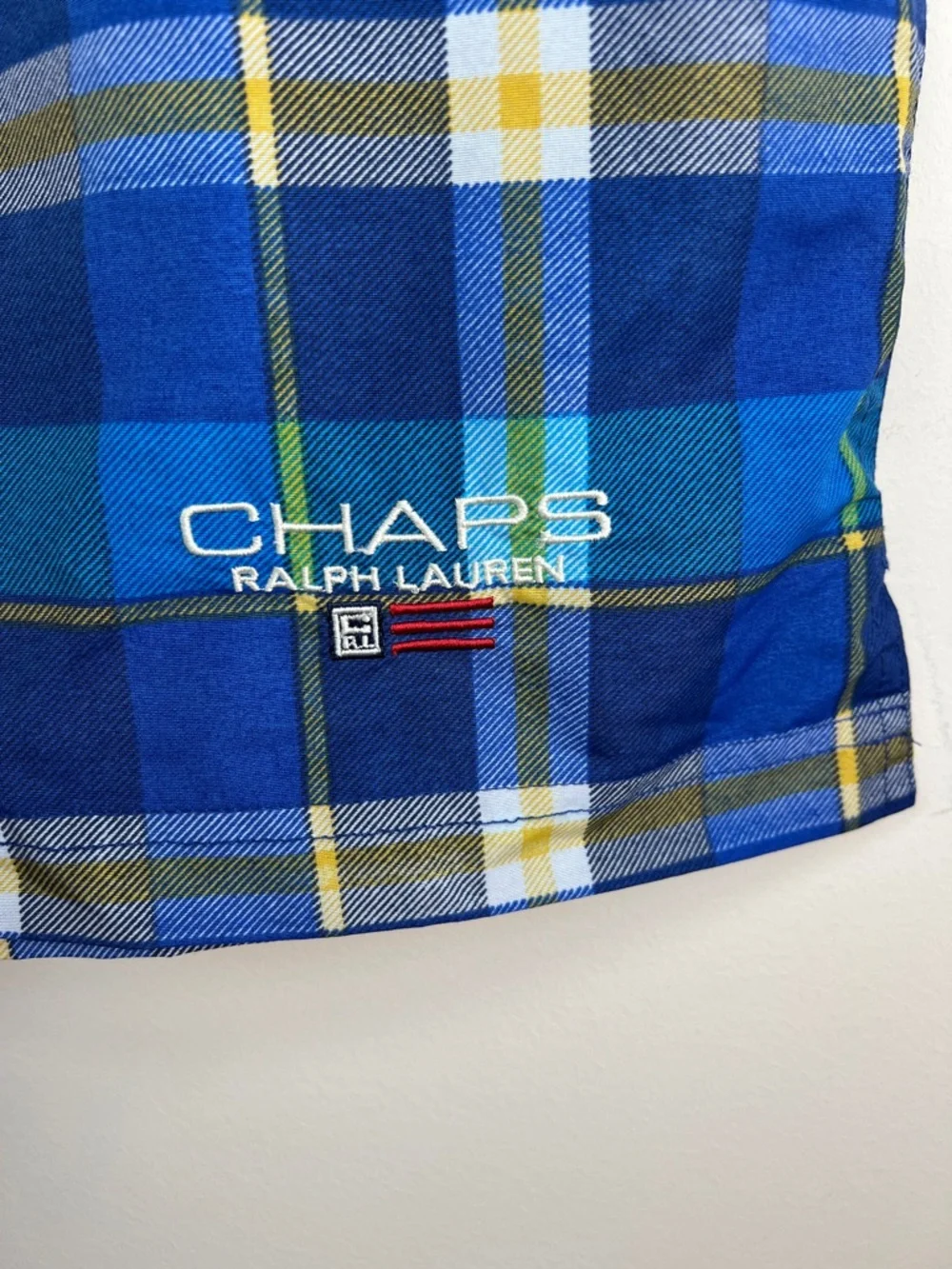 Ralph Lauren Blue Plaid Swim Trunks with Yellow Accents